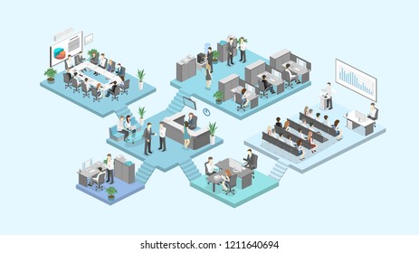 Isometric flat 3d abstract office floor interior departments concept vector. conference hall, offices, workplaces, director of the office interior