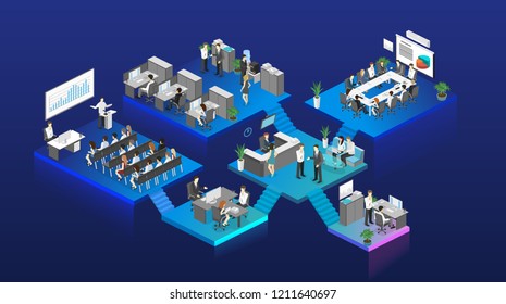 Isometric flat 3d abstract office floor interior departments concept vector. conference hall, offices, workplaces, director of the office interior