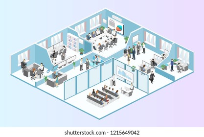 Isometric flat 3d abstract office floor interior departments concept vector.