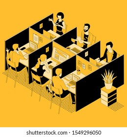 Isométrica plana 3d abstrato escritório interior glsck e amarelo design vetor ilustração plana.