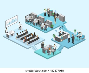 Isometric Flat 3d Abstract Office Floor Interior Departments Concept Vector. Conference Hall, Offices, Workplaces, Director Of The Office Interior