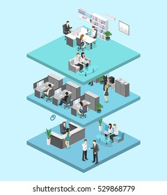 Isometric Flat 3d Abstract Office Floor Interior Departments Concept Vector. Conference Hall, Offices, Workplaces, Director Of The Office Interior