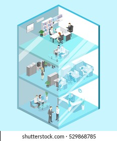 Isometric Flat 3d Abstract Office Floor Interior Departments Concept Vector. Conference Hall, Offices, Workplaces, Director Of The Office Interior