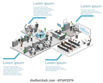 Isometric Flat 3d Abstract Office Floor Interior Departments Concept Vector. Conference Hall, Offices, Workplaces, Director Of The Office Interior