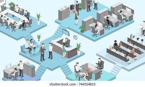 Isometric flat 3d abstract office floor interior departments concept vector. conference hall, offices, workplaces, director of the office interior