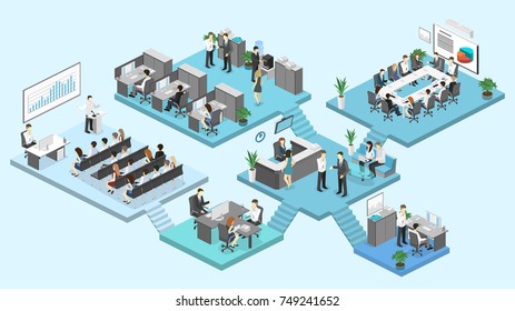 Isometric Flat 3d Abstract Office Floor Interior Departments Concept Vector. Conference Hall, Offices, Workplaces, Director Of The Office Interior