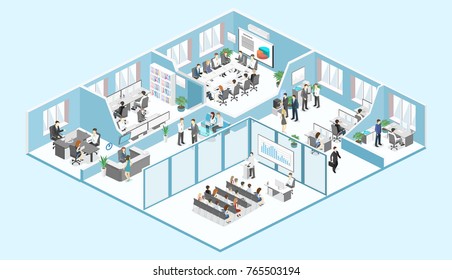 Isometric flat 3d abstract office floor interior departments concept vector. conference hall, offices, workplaces, director of the office interior