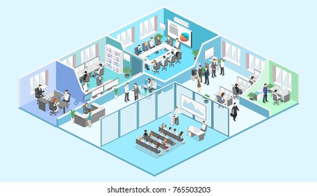 Isometric Flat 3d Abstract Office Floor Interior Departments Concept Vector. Conference Hall, Offices, Workplaces, Director Of The Office Interior