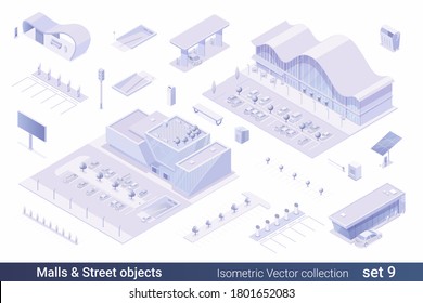 Isometric Flat 3D Architecture Building vector collection: 
Shopping mall Shop Store, Parking, Gas Station, Electric station, solar panel, billboard, sign, bus stop, street objects