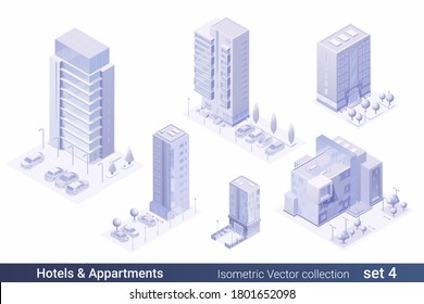 Isometric Flat 3D Architecture Building vector collection:
Hotel, Business Office center, Appartments house
