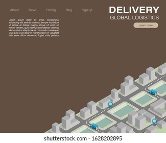 Isometric flat 3d city delivery van landing page. Cargo truck transportation route, Fast delivery logistic 3d carrier transport. Low poly style isometry vehicle truck town