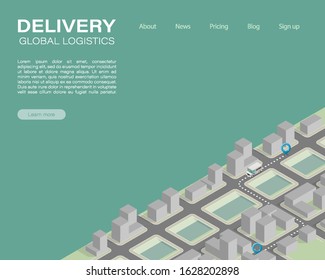 Isometric flat 3d city delivery van landing page. Cargo truck transportation route, Fast delivery logistic 3d carrier transport. Low poly style isometry vehicle truck town