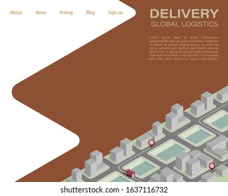 Isometric flat 3d city delivery van landing page. Cargo truck transportation route, Fast delivery logistic 3d carrier transport. Low poly style isometry vehicle truck town