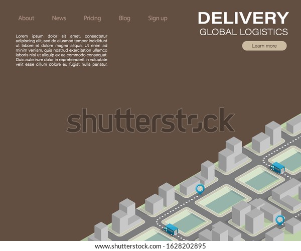 Isometric flat 3d city\
delivery van landing page. Cargo truck transportation route, Fast\
delivery logistic 3d carrier transport. Low poly style isometry\
vehicle truck town