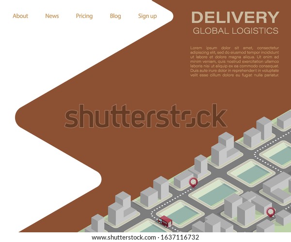 Isometric flat 3d city\
delivery van landing page. Cargo truck transportation route, Fast\
delivery logistic 3d carrier transport. Low poly style isometry\
vehicle truck town