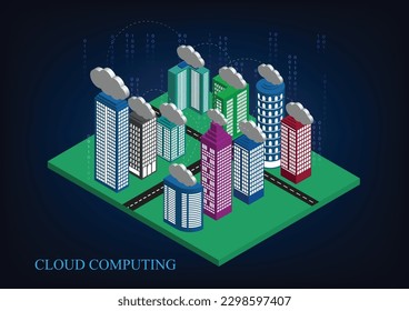 The isometric flat 3D city with skyscrapers and clouds concept network technology cloud computing data storage vector illustrator