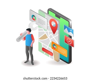 Isometric plano 3d ilustración concepto build map app para smartphone