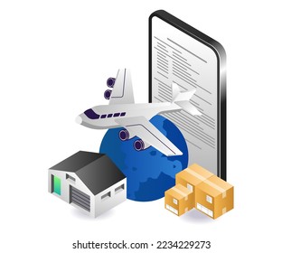 Isometric flat 3d concept illustration of Deliver goods by plane
