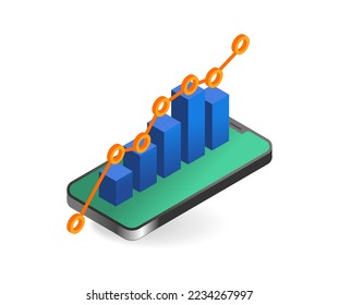 Isometric plano 3d concepto ilustración del gráfico de barras de analistas en smartphone