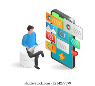 Isometric flat 3d concept illustration of man interacting multiple apps with smartphone