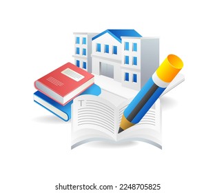 Isometric flat 3d concept illustration of school building and learning book symbol