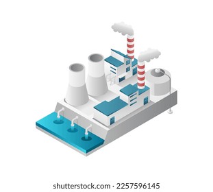 Isometric plano 3d concepto ilustración de fábrica industrial minimalista con eliminación de residuos
