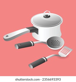 Isometric flat 3d concept illustration of stainless pot and kitchen utensil irus