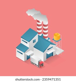 Isometric flat 3d concept illustration of minimalist industrial factory with chimney