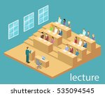 Isometric flat 3D concept vector interior university auditorium. Students sitting at desks and listening to the teacher. education training