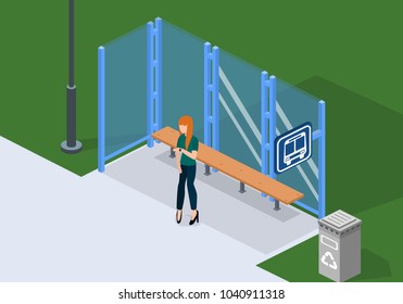 Isometric flat 3D concept vector illustration people are waiting for the bus at the bus stop on the street