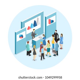 Isometric flat 3D concept vector exhibition or promotion stand. Trade show booth