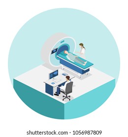 Isometric flat 3D concept vector hospital medical mri web illustration. Nuclear magnetic resonance imaging tomography room interior.