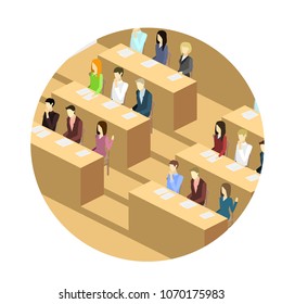 Isometric flat 3D concept vector interior university auditorium. Students sitting at desks and listening to the teacher. education training