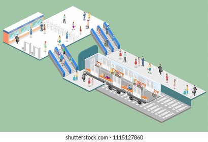 Isometric flat 3D concept vector interior of metro subway train carriage. underground station