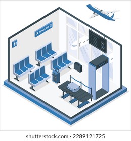 Isometric flat 3D concept vector interior of airport check-in, waiting hall, Security gates, ticket office, baggage carousel. Airport terminal interior cross-section. Modern airport terminal with seat