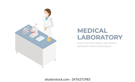 Isometric flat 3D concept vector interior of science laboratory. Medical research pharmaceutical illustration with woman character.