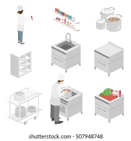 Isometric flat 3D concept vector interior of professional restaurant kitchen