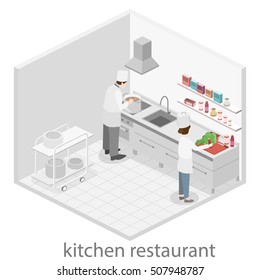 Isometric flat 3D concept vector interior of professional restaurant kitchen