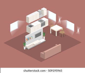 Isometric flat 3D concept vector interior of studio apartments. living room inside