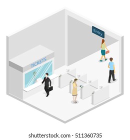 Isometric flat 3D concept vector interior of metro subway train station. underground station
