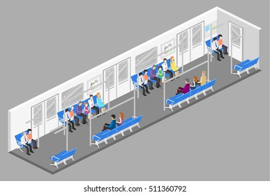 Isometric flat 3D concept vector interior of metro subway train carriage. underground station