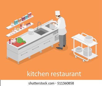 Isometric flat 3D concept vector interior of professional restaurant kitchen