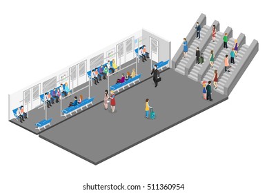 Isometric flat 3D concept vector interior of metro subway train carriage. underground station