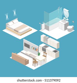 Isometric flat 3D concept vector interior of studio apartments with kitchen, bathroom, living room and bedroom