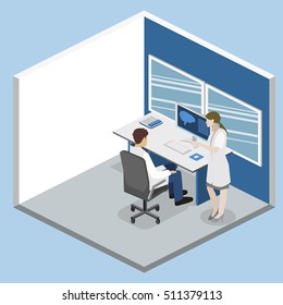 Isometric flat 3D concept vector hospital medical mri web illustration. Nuclear magnetic resonance imaging tomography room interior.