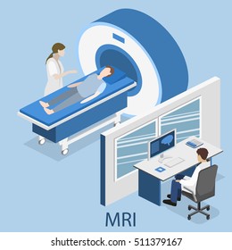 Isometric flat 3D concept vector hospital medical mri web illustration. Nuclear magnetic resonance imaging tomography room interior.