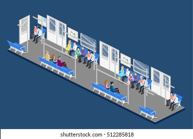 Isometric flat 3D concept vector interior of metro subway train carriage. underground station