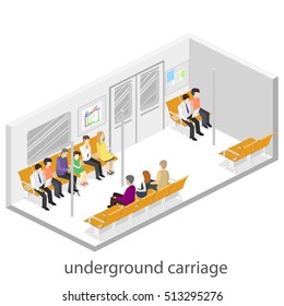 Isometric Flat 3D Concept Vector Interior Of Metro Subway Train Carriage. Underground Station