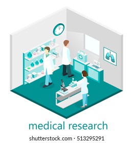 Isometric flat 3D concept vector interior of science laboratory. medical research pharmaceutical illustration