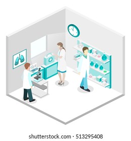 Isometric flat 3D concept vector interior of science laboratory. medical research pharmaceutical illustration